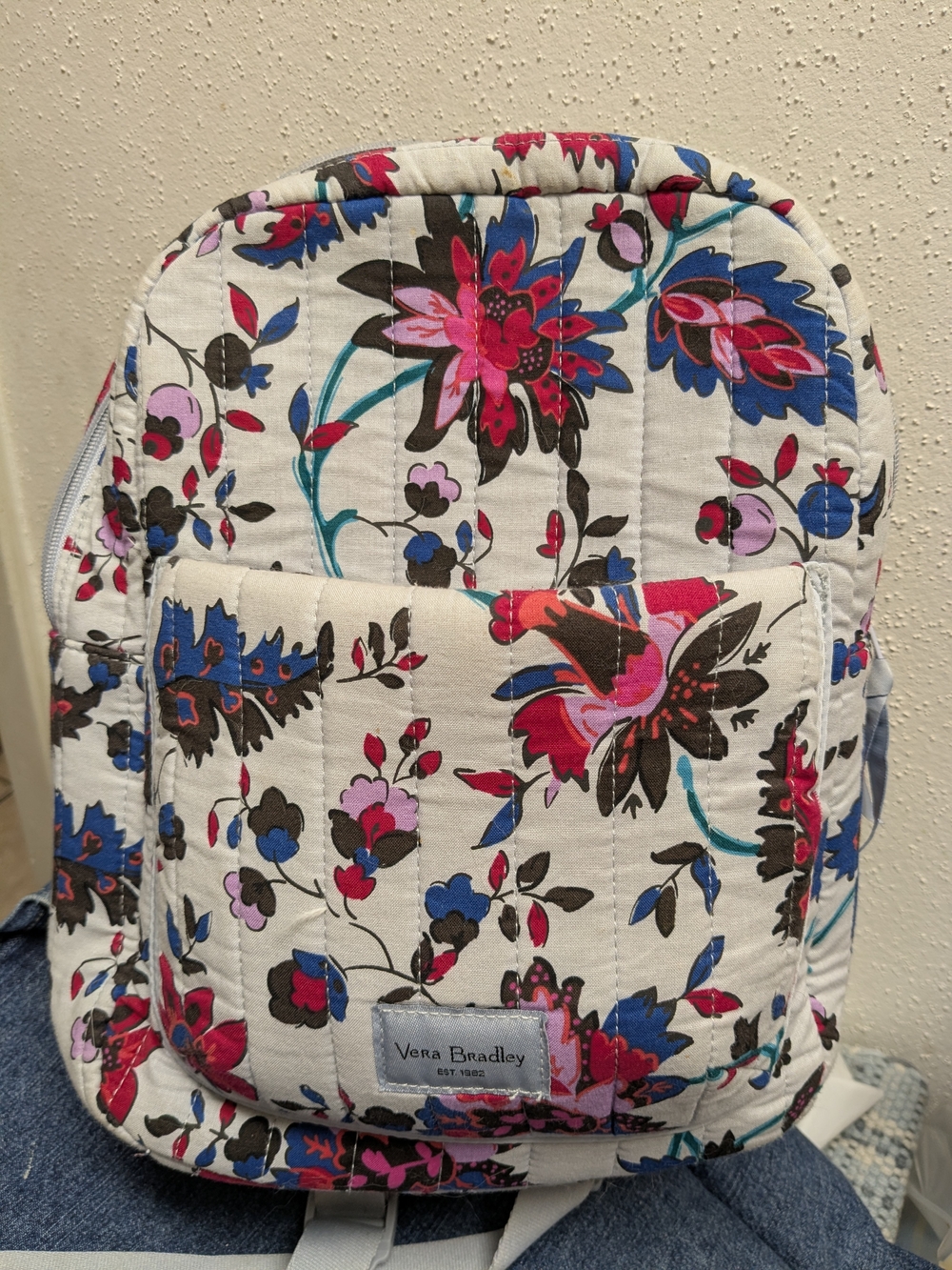 Vera Bradley Floral Quilted Backpack in White with Pink & Blue Flowers